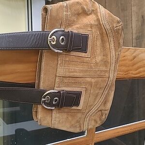 Loved Vintage Coach medium brown suede bag with leather handles.